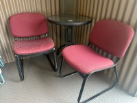 42 · Round table & 2 maroon chairs & 2 metal stools